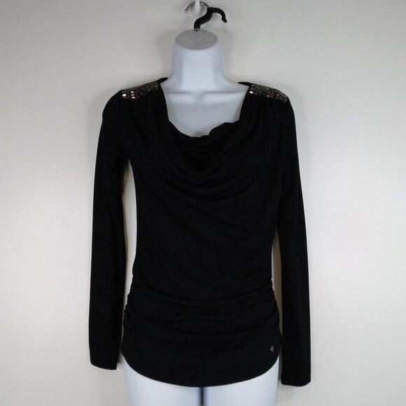 Armani Exchange Long Sleeve Black Shinny Top Faux Wrap Size XS - Picture 1 of 10